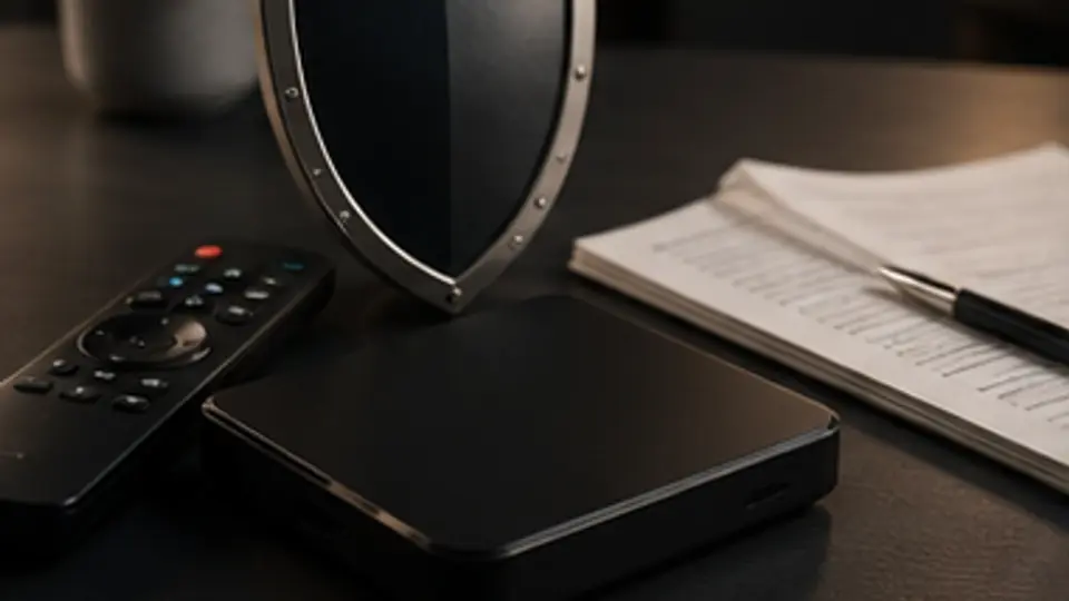 Streaming device with a shield and paperwork on a desk