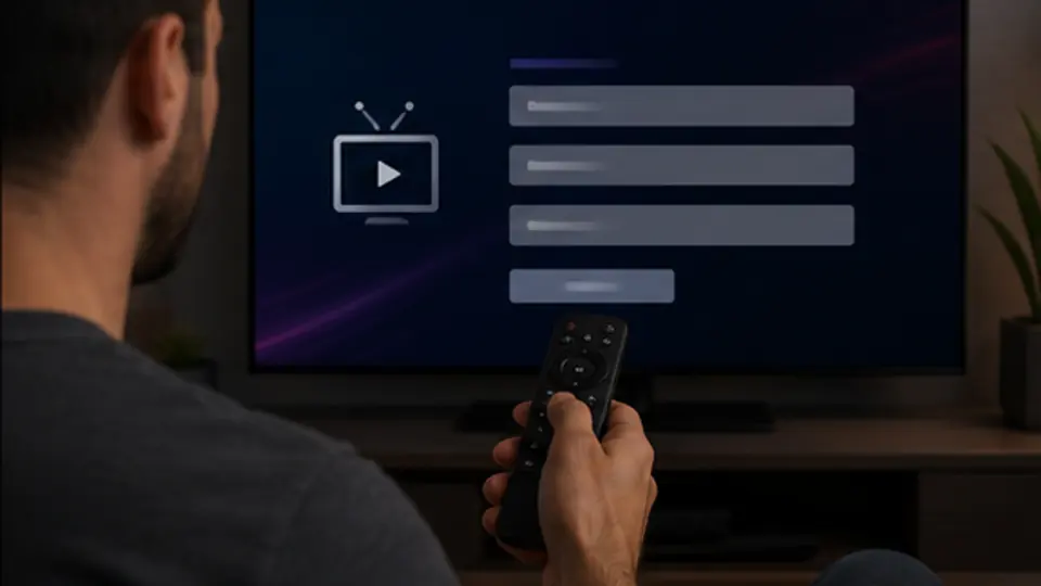 Person entering IPTV server details into blank login fields on a TV app